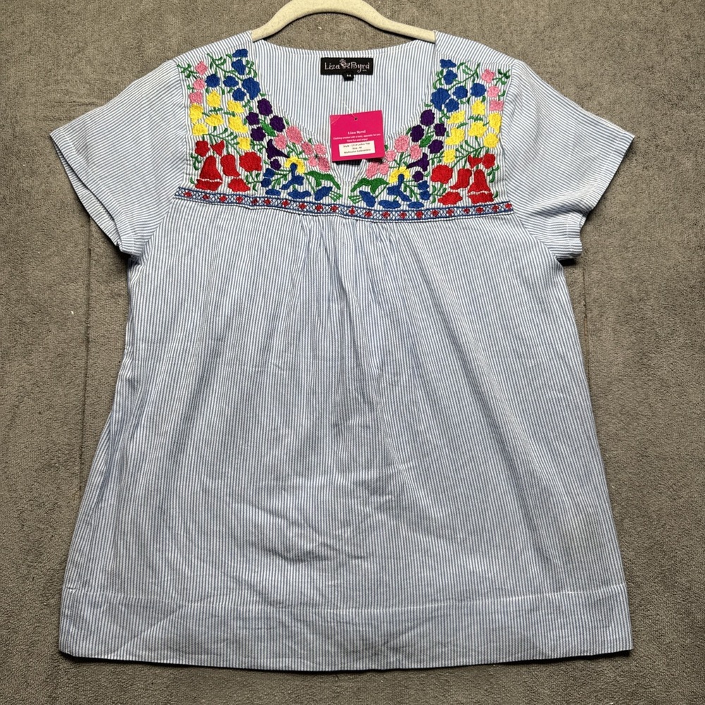 Liza Byrd Blue White Striped Floral Embroidered‎ Boho Peasant Top Women's Medium